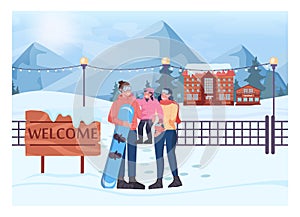 Family in front of skiing resort billboard. Winter vilage with a hotel