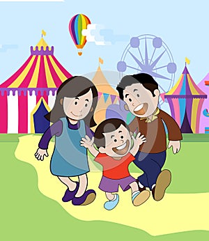 Family Fun at the Fair: Boy\'s Joy Amidst Hot Air Balloon and Ferris Wheel