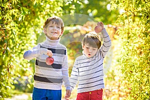 Family fun during harvest time on a farm. Kids playing in autumn