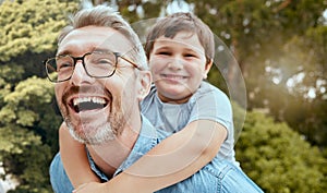 Family fun, piggyback and father with child in a park happy, playing and laughing in nature. Hug, love and parent