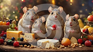 Family of funny rodents gathered around a festive table, on which various types of cheese, fruits and berries were spread out