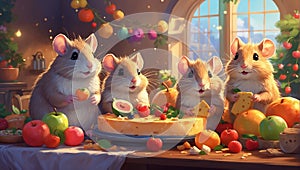 A family of funny rodents gathered around a festive table, on which various types of cheese, fruits and berries were spread out.