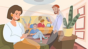 Family with gadgets. Flat illustration, a group of people in the interior. The family is at home. Vector