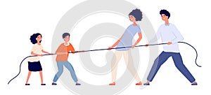 Family game. Child parents pull rope, tug of war play adults children. Relationship balance or generational competition