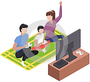 Family game concept, parents with kid play video game with tv screen holding gamepad controller