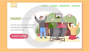 Family game landing page template with happy family or friends playing video games together at home