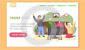 Family game landing page template with happy family or friends playing video games together at home