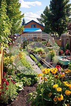 a family garden with colorful flowers, vegetables, and a play area