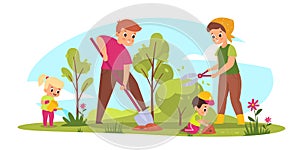 Family gardening. Parents and children take care of plants. Seasonal farm work. Mother cuts bush. Father digs ground