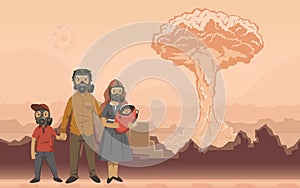 Family in gas masks on nuclear explosion background. Futuristic apocalyptical scene. Flat vector illustration