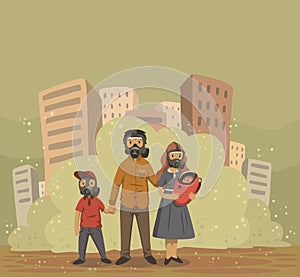 Family in gas masks on smog city background. Environmental problems, air pollution. Flat vector illustration.