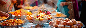 family gathering during Eid with delicious traditional Indian sweets and festive decorations.