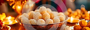 family gathering during Eid with delicious traditional Indian sweets and festive decorations.