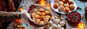 family gathering during Eid with delicious traditional Indian sweets and festive decorations.