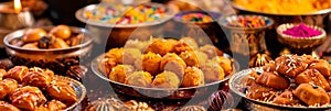 family gathering during Eid with delicious traditional Indian sweets and festive decorations.