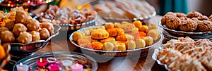 family gathering during Eid with delicious traditional Indian sweets and festive decorations.