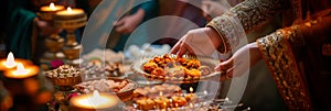 family gathering during Eid with delicious traditional Indian sweets and festive decorations.