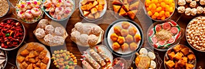 family gathering during Eid with delicious traditional Indian sweets and festive decorations.