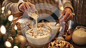 A family gathering in a kitchen making and tasting different types of warm nonalcoholic eggnog photo