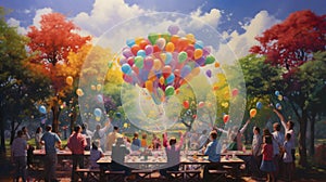 A family gathering in a park, where balloons in every shade of the rainbow