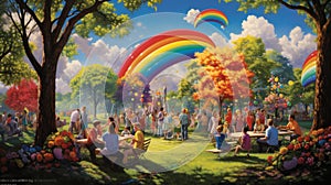 A family gathering in a park, where balloons in every shade of t