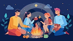 A family gathers around a campfire telling stories and roasting marshmallows while discussing ways to save and add to photo