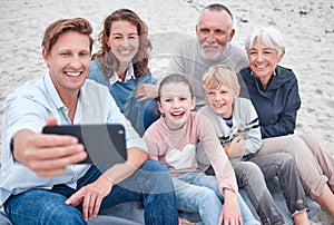 Family, generations and selfie, together and happy on outdoor adventure at beach, smartphone and technology. Parents