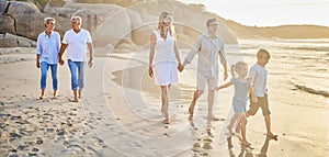 Family generations, walking and beach with sunset for men, women and children with love on holiday. Parents