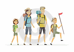 Family goes hiking - cartoon people characters isolated illustration