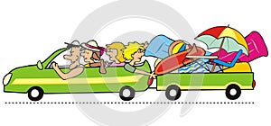 Family goes on holiday, humorous vector illustration, people in car