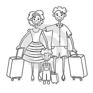 Family goes on vacation, coloring, silhouette, black and white linear drawing. Outline father, mother and child with suitcase trip