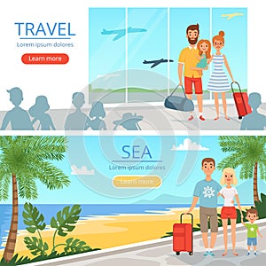 Family goes at vacations. Peoples at airport. Vector banners of travel concept illustrations