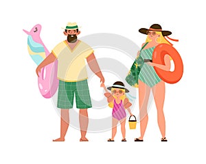 Family going to swim and relax on the beach flat vector illustration isolated.