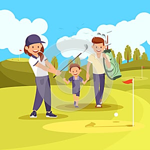 Family Golf Lesson on Green Courde at Summer Time