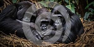 A family of gorillas snuggling together in their cozy nest, concept of Primate social structures, created with