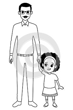 Family grandfather with afro granddaugther cartoon in black and white photo