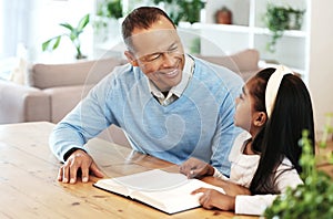 Family, grandfather and child reading book, teaching and learning bible story, questions and education in living room