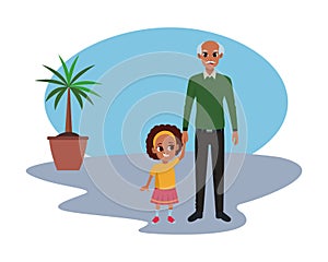 Family grandfather with little granddaugther cartoon photo