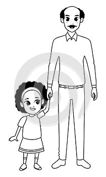 Family grandfather with little granddaugther cartoon in black and white photo