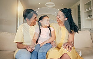 Family, grandmother and mom with child on sofa for happy bond, talking and love at home together, Hug, conversation and