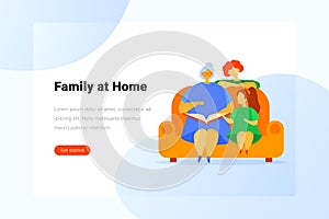 Family Grandmother Mother and Daughter Sitting at Sofa and reading a Book Flat vector illustration