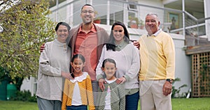 Family, grandparents and happy portrait outdoor in a backyard with love and care. Senior man and woman with parents and