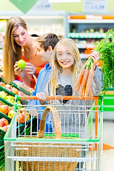 Family grocery shopping in hypermarket