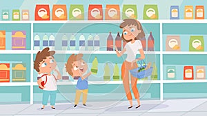 Family in grocery store. Mother son shopping in supermarket. Children choose drinks vector illustration