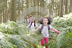 Family Group Hiking In Woods Together