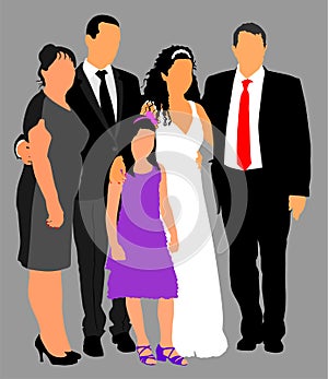 Family Group At Wedding vector illustration. Multi generation. Wedding couple with parents and little duty. Just married.