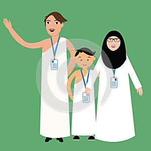 Family haj hajj pilgrim man father mother woman kids wearing islam hijab ihram clothes vector illustration
