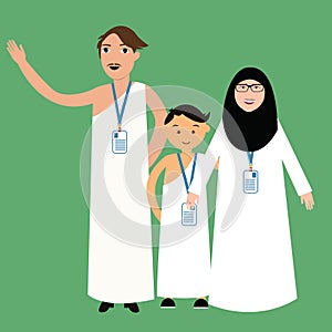 Family haj hajj pilgrim man father mother woman kids wearing islam hijab ihram clothes vector illustration photo