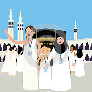 Family haj hajj pilgrim man father mother woman kids wearing islam hijab ihram clothes vector illustration mecca ka'ba kabba kaba photo