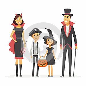 Family at Halloween party - cartoon people characters isolated illustration